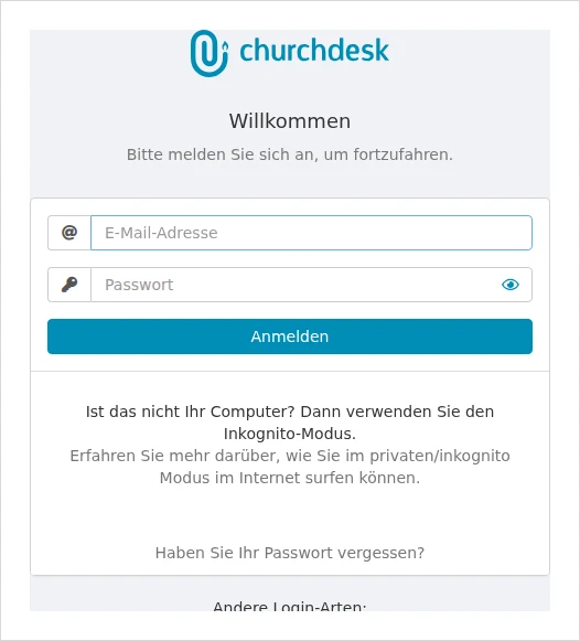 ChurchDesk Login-Maske mit E-Mail-Adresse, Passwort und der Schaltfl&auml;che Anmelden
