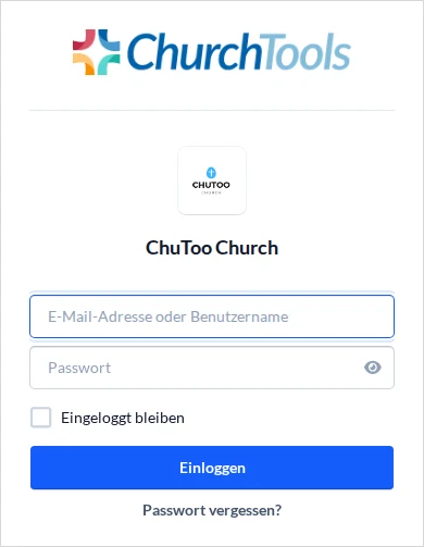 ChurchTools Login-Maske mit Feldern f&uuml;r E-Mail-Adresse oder Benutzername und Passwort
