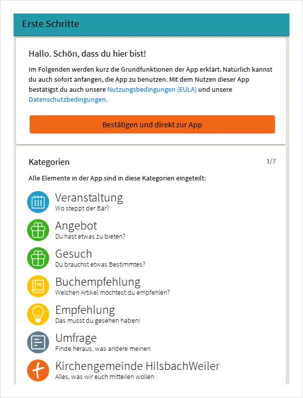 Communi Web-App einer Kirchengemeinde mit Kategorien wie Veranstaltung, Angebot und Umfrage