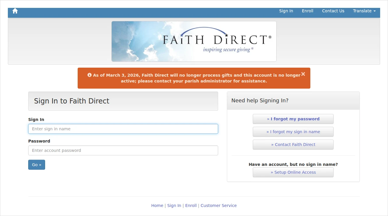 The old Faith Direct sign-in page showing a notice that as of March 3, 2026 the account is no longer active