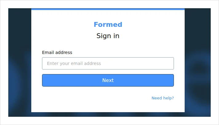FORMED sign-in screen asking for an email address with a Next button