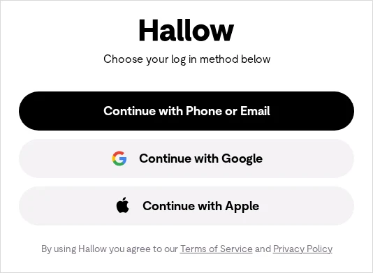 Hallow login screen with Continue with Phone or Email, Google and Apple options