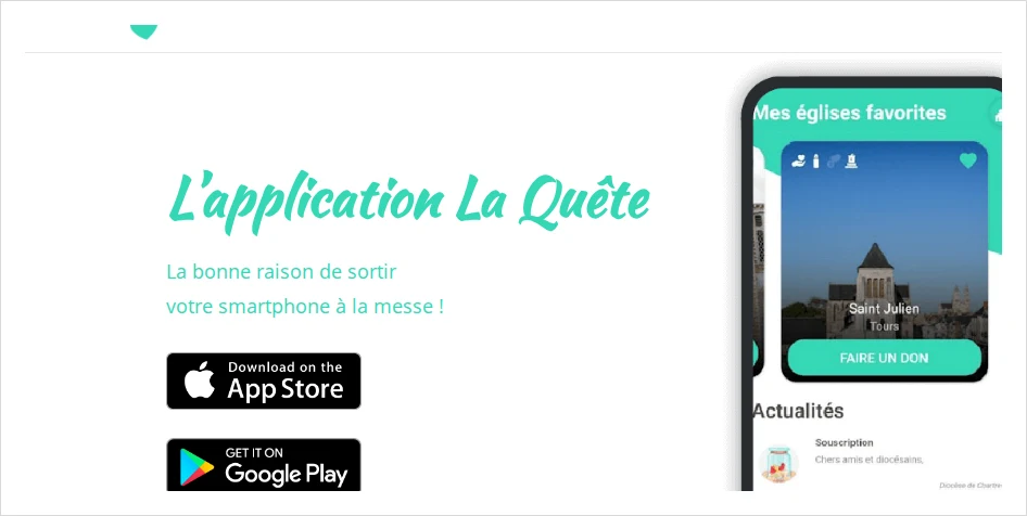 Page officielle de l’application La Quête avec les badges App Store et Google Play