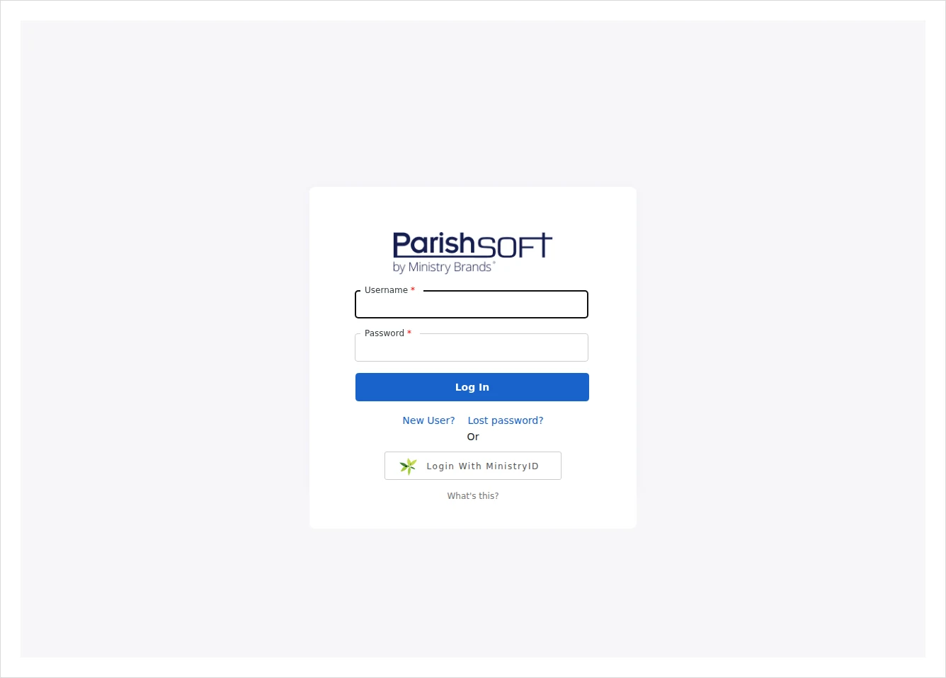 ParishSOFT Family Suite login screen with username, password and Login with MinistryID