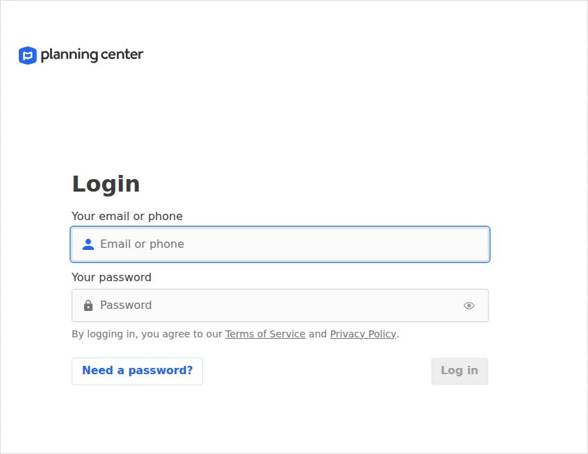 Planning Center staff login screen with email or phone and password fields