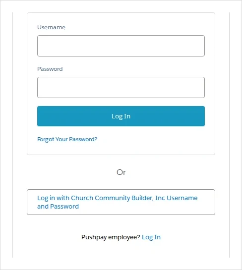Pushpay Church Community Builder administrator login screen with username and password fields
