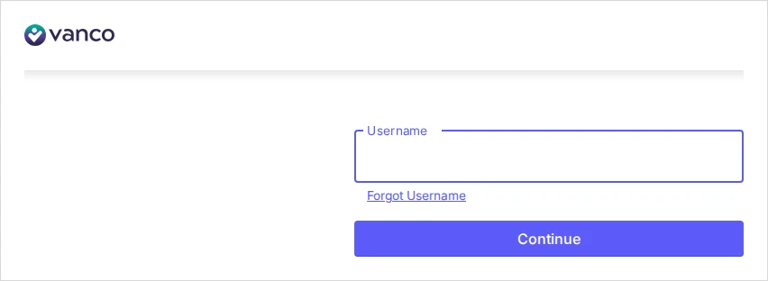 MyVanco login screen with a username field and Continue button