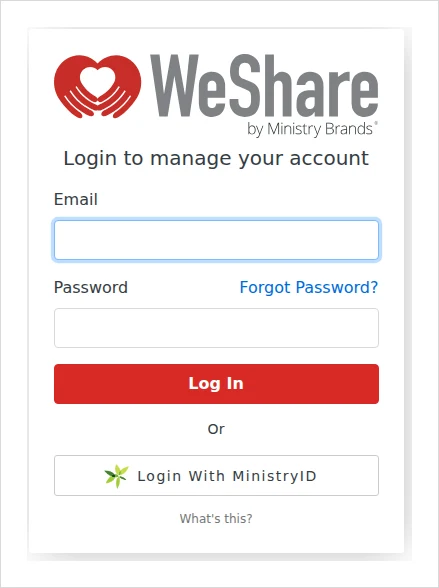 WeShare by Ministry Brands login screen with email, password and Login With MinistryID