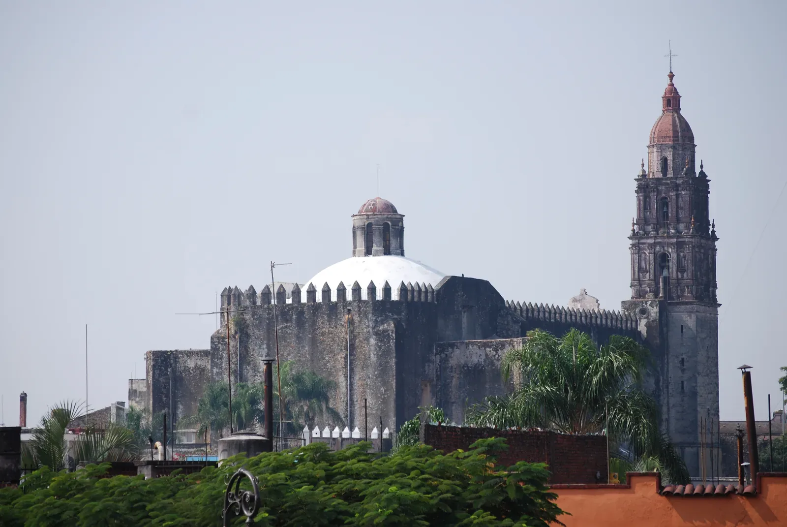 Catedral de Cuernavaca — view of the back of the cathedral of Cuernavaca taken from the Palace of Cortes, Cuernavaca, Mexico